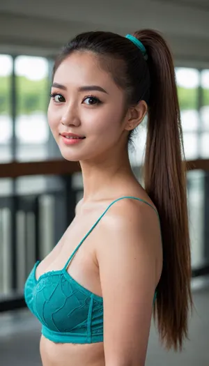 Singaporean 20 year old busy woman, slim body, tight net salvar, large boobs, Long eyelashes, heavy make up, full body view, long hair, big ponytail, happy face