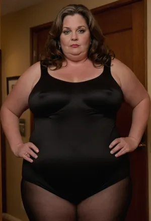 (Obese:1.3), ssbbw Woman, 65 years old, mature, married, MILF, fat, medium breasts, wide, big hips, long wavy dark hair with highlights, defined beautiful eyes, slutty, housewife, (wearing a tight black leotard), (entering the room), braless, Wearing, clothes, that, make, sense, with, Braless>, <lora:bralessSDXL_v1_00022:.8>, huge fupa