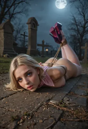 [man in a scarecrow mask and black coveralls standing over and looking down at a terrified girl, (wearing ripped pink stockings, pink neckerchief and purple high heels ONLY), , ], hogtied with rough rope in a creepy graveyard at night, (((lying on stomach))), (hogtied:1.3), [(beautiful, plump, tall, young nerdy girl), , , (narrow hips, small ass:1.4), (youthful, oval chubby face, small nose, rounded cheeks), , , pale skin, freckles, blonde hair, long bob, pink girly hairclip, large perfect detailed blue almond eyes, bright pink lipstick, subtle makeup, ((erect nipples)), , , (running mascara), , , ((lying on front)), , , (ripped pink stockings), , , (pink neckerchief), , , (purple high heels), , , (terrified facial expression), , , eyes wide open, hogtied with rough rope, cleave gagged], (creepy graveyard), (nighttime:1), (full moon), mist, tombstones, BDSM, focus bondage, pov from below . Tags, Ultra realistic, Masterpiece, Ultra detailed, High res, High resolution, 8k, UHD, Professional photography, (((score_9, score_8_up, score_7_up))), (bokeh background), (perfect hands and fingers, realistic detailed face, realistic detailed eyes, realistic detailed hair, realistic detailed body, realistic detailed skin, realistic detailed firm round large breasts, realistic detailed very tight virgin pussy, detailed small ass), <lora:dAIversityUnderstandingXLRealistic:.8>