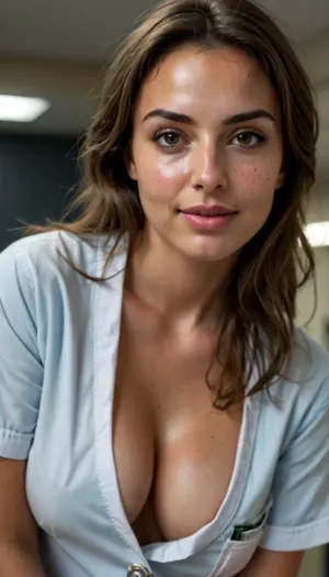 (Irina Shayk:1.1), masterpiece, score_9, score_8_up, score_7_up, 1girl, from below, beautiful standing woman leaning slightly over viewer, ((standing and leaning slightly forward)), sexy pose, closeup, ((eye contact)), (stunning 24-year-old nurse), (tall slender athletic body), (dark skin), (beautiful smile with perfect teeth), (luminous soft brown eyes), (button nose), (dark freckles on face and cleavage), (dark eyebrows, strong cheekbones), (firm round ass), seductive smile, (medical scrubs:1.2), (downblouse), breast focus, (body freckles, blush, lip bite), (cleavage), nighttime, ((very dark hospital room)), dim lighting, very aesthetic, subsurface scattering, natural skin texture, realistic skin texture, detailed skin texture, skindentation, <lora:style_lora_realis:1>, <lora:RealDownblouseXL2:.5>
