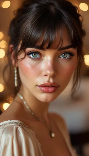 ziprealism, (intimate snapshot esthetic, French inspired, stunning French woman, cozy French bedroom), (adorable woman, soft smile, warm loving gaze, bashful pose:1.2), (f/2.8, shallow depth of field, creamy bokeh, warm romantic lighting, extreme closeup shot, tight headshot, intimate facial portrait, Dutch Angles, focus on eyes:1.6), (glossy ink black hair, wispy bangs with fringe, thick voluminous hair, low loose ponytail, loose hair framing face:1.4), (catchlights, limbal rings, large expressive eyes, stunning eyes, perfect eyes, long delicate eyelashes), (classic French facial features, flawless porcelain skin, soft blush), igbaddie, but, <lora:igbaddie-XL:.4>, <lora:MJ52:.8>, <lora:BUT_SDXL_SHS:.1>