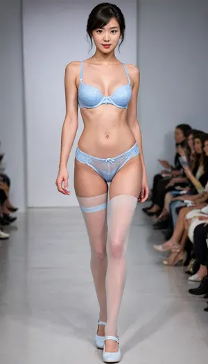 (fashion week, modern, fancy light, white background, runway fashion show:1.4), (1girl, Asian, nurse, slender long legs, 175 cm:1.2), (flesh stockings, white nursing shoes:1.2), (cool face expression:1.3), (light grey blue sexy bra:1.3), (walking:1.2), (Chinese nurse short hair style:1.1), (without makeup:1.2), black hair, (pubic hair:1.2), show, podium, walks, posing, nurse, uniform, h41ry, <lora:MaybeBetterFaceInFullBodyLora_XL_rev3:1.1>, <lora:nurse_uniform_xl_v1_1:.5>, <lora:h41ry:.4>