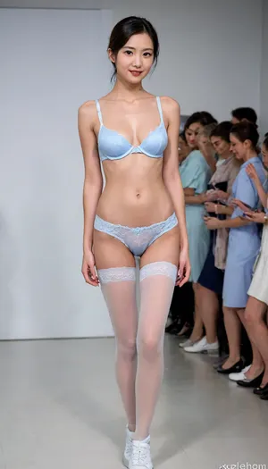 (fashion week, modern, fancy light, white background, runway fashion show:1.4), (1girl, Asian, nurse, slender long legs, 175 cm:1.2), (flesh stockings, white nursing shoes:1.2), (cool face expression:1.3), (light grey blue sexy bra:1.3), (walking:1.2), (Chinese nurse short hair style:1.1), (without makeup:1.2), black hair, (pubic hair:1.3), show, podium, walks, posing, nurse, uniform, h41ry, <lora:MaybeBetterFaceInFullBodyLora_XL_rev3:1.5>, <lora:nurse_uniform_xl_v1_1:.5>, <lora:h41ry:.5>
