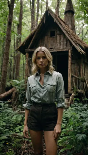 ordinary dirty-blonde city girl in standard office outfit stands in front of witch hut in deep forest thicket