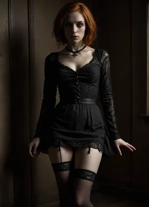 1girl, 25 years old, tall height, french, (goth makeup1.5), bob cut ginger hair, wasp waist, freckles, short black dress with laces, she is pulling down her panties to her hips, panties on hips, stokings, thin, slim, solo, huge blue eyes, perfect eyes, white pale skin, realistic, long slender legs, full height photo, exhausted, (eyes rolled back), Iphone shot, tears, flattenedwomenbuzz, <lora:Flattened_Women-000007:.8>, <lora:eGirls_XL_v1:.5>, <lora:dark:.3>