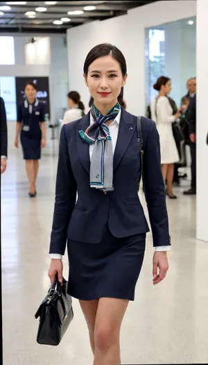 (fashion week, modern, fancy light, white background, runway fashion show:1.4), (1girl, asian face, chinese, east asian stewardess), (slender long legs, 175 cm:1.2), (black stockings, stewardess black shoes:1.2), (cool face expression:1.3), (light grey blue sexy bra:1.3), (walking:1.2), (Chinese stewardess short hair style:1.1), (without makeup:1.2), black hair, stewardess scarf, (pubic hair:1.3), show, podium, walks, posing, kongjie, alitalia_woman_jacket, alitalia_woman_skirt, alitalia_woman_white_shirt_short_sleeves, alitalia_woman_white_shirt_long_sleeves, alitalia_woman_dress, alitalia_green_silk_scarf, alitalia_red_silk_scarf, alitalia_blue_silk_scarf, alitalia_woman_shoulder_bag, alitalia_woman_sweater, alitalia_woman_pants, flight, attendant, stewardess, steward, liushishi, woman, <lora:MaybeBetterFaceInFullBodyLora_XL_rev3:1.5>, <lora:alitfina100Ep:.5>, <lora:liushishi_noej_JuggXL_2-000015:.5>