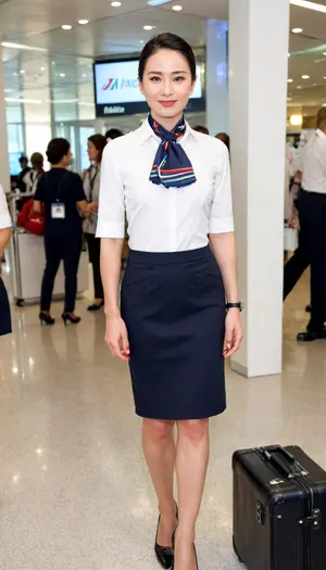 (fashion week, modern, fancy light, white background, runway fashion show:1.4), (1girl, asian face, chinese, east asian stewardess), (slender long legs, 175 cm:1.2), (white short sleeve shirt, dark skirt, stewardess black shoes:1.2), (cool face expression:1.3), (:1.3), (walking dragging a black suitcase:1.2), (Chinese stewardess short hair style:1.1), (without makeup:1.2), black hair, stewardess scarf, show, podium, walks, posing, kongjie, alitalia_woman_wrist watch, alitalia_woman_skirt, alitalia_woman_white_shirt_short_sleeves, alitalia_woman_white_shirt_long_sleeves, alitalia_woman_dress, alitalia_white_shirt, alitalia_red_silk_scarf, alitalia_blue_silk_scarf, alitalia_woman_suitcase, alitalia_woman_sweater, flight, attendant, stewardess, steward, liushishi, woman, <lora:MaybeBetterFaceInFullBodyLora_XL_rev3:1.5>, <lora:alitfina100Ep:.5>, <lora:liushishi_noej_JuggXL_2-000015:.5>