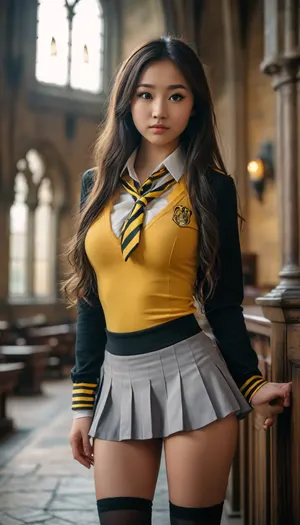 Pretty Asian girl posing in Hogwarts, facing towards the camera, full front view of entire body, being sexy, slim waist, curvy hips, long hair, thigh gap, staring directly at camera with sexy expression, (sexy female hufflepuff student wearing very tight uniform, tiny short skirt, blouse open showing her large full breasts), hogwarts, <lora:MJ52:.8>