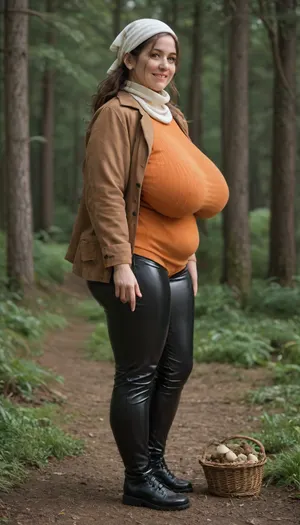 Adult Woman 40 year, go to forest, full body, side view, a basket of mushrooms in his hand, (huge breast:1.1), sagging tits, chubby woman, (black rubber boots, brown striped pants, orange sweater, brown jacket, white headscarf), wide hips, fat pussy, belly, brown hair, small hair, smile face, deep focus, realistic details, ISO 100, realistic pictures, unique graphics, 8k, wallpaper, perfect body, (ultra, HD, quality, details), beautiful colors