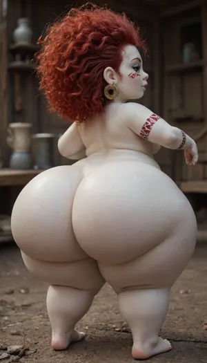 woman, (shortstack:.4), fatass, (dumptruck ass:1.6), dumptruck fatass, massive legs, snarky, bouncing and jiggling woman, tribal, (ceramic_white skin color:1.4), red hair, sashay