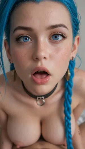 Long dark blue hair, blue eyes, freckles on face, beautiful face, earrings, feminine blush, long pigtails, gigantic round breasts, slave collar, hard nipples, massive breasts, narrow waist, pov of male, anal style, jinx, bright blue eyes, jinx from league of legends, (youthful face:1.5), gigantic boobs, anal sex, perfect teeth. passionate stunned and disorienting sex orgasm, close view of face, (Eyes open, disoriented, confused, moaning, orgasm:1.2)