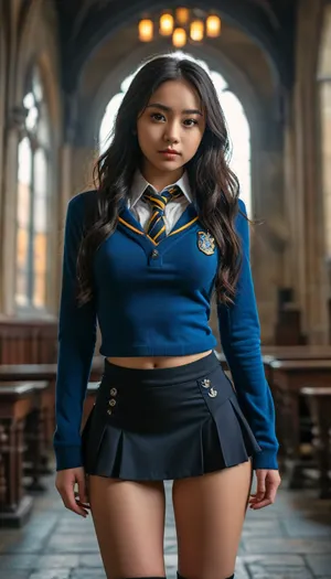 Pretty Asian girl posing in Hogwarts, facing towards the camera, full front view of entire body, being sexy, slim waist, curvy hips, curvy body, long hair, thigh gap, staring directly at camera with sexy expression, ((sexy female ravenclaw tudent wearing very tight uniform, tiny short skirt, ripped jumper, blouse open showing her large full breasts)), hogwarts, <lora:MJ52:.8>
