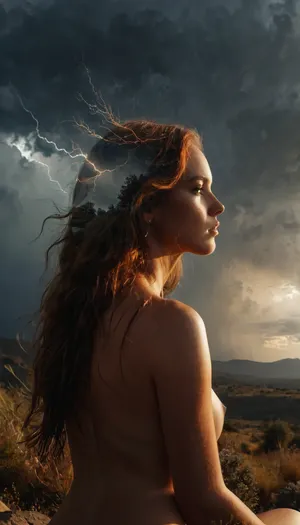 Beautiful woman, (sitting curvy naked body), official art, extremely detailed CG unity 8k wallpaper, perfect lighting, Colorful, Bright_Front_face_Lighting, shiny skin, (masterpiece:1), (best_quality:1), ultra high res, 4K, ultra-detailed, photography, 8K, HDR, highres, (vibrant_color:1.2), professional photograph, (full length body), cinematic, great shading, moody lighting, ((landscape is thunder:1.4)), ((double exposure:1.5)), Double, Exposure, style, of, <lora:Double_Exposure_5:2>, <lora:add-detail-xl:1>, <lora:MJ52:.1>, double, exposure, merging, blending, head, animal, person, <lora:aidmaDoubleExposure-v0.1:.8>, <lora:xl_more_art-full_v1:.8>