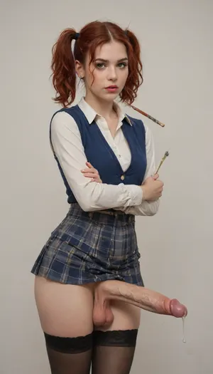 fantastic light airbrushing, volume, pearl tones in the style of Fallout New Vegas, a 50% dressed red-haired girl from Safe 22, ponytails hairstyle, short plaid school skirt in the style of Fallout Vault, stockings with a wide elastic band, a small settlement of survivors, yellow light filter, drawing, watercolor, futanari, mastrubation, erect penis, hard penis, sagging testicles, veiny cock, leaking precum, throbbing cock