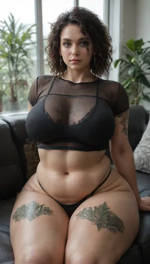 Front pov, picture, (((young Blonde girl))), photography, photo, (huge ginormous muscular ass), ((huge busty ginormous tits:1.5)), big butts, huge cleavage, big buttocks, (Norwegian beauty with thick muscular body), Instagram gamer, open gamer shirt, huge saggy tits, under boobs, lace see through skimpy thong, chiseled muscular thighs, round chiseld huge butt, sitting cross legged on sofa, window in the background, side plants, seductive face expressions, ((wearing sheer black crop top)), waist tattoos, (((plump fit figure))), facing viewer