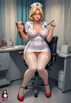 (((1woman, reiq style, colored, cartoon, sitting, very happy, very big smile, white nurse uniform, very short dress, plump pussy, doctor office with desk and chair, (eye contact, looking at viewer, covered nipples, holding clipboard), full body, shoulder height, partial profile))), voluptuous, plump, curvy, big waist, no underwear, plump pussy, 40 year old milf, big hips, big ass, very deep cleavage, revealing top, big hard nipples, huge tits, nurse outfit, white stockings, garter belt, black rimmed glasses, red high heels, kouartist, novuschroma, outline, PEHighContrast, Simple, Background, high, Contrast, <lora:outline_xl_kohaku_delta_spv5x:2>, <lora:kou10-000010:2>, <lora:105_novuschroma_1:2>, <lora:sdxl_lora_outline-000016:2>, <lora:PE_HighContrastStyleV1:2>