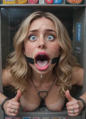 (40 years adult), (woman is stuck with her hips in a round hole with metal rim in a vending machine), (her bust is protruding from a round hole in the front of the vending machine:1.5), (stuck in hole with metal rim:1.3), (vending machine at night, slot for payment), (wide mouth spreader ring gag, gaping mouth:1.5), (leaning forward), (smiling), (showing thumbs up:1.5), (she needs it, pleading expression:1.2), (box is low mounted, close to floor), (score_9, score_8_up, score_7_up, UHD 8K, masterpiece, best quality, maximum details, natural light, extreme realism, cinematic still), (huge penis:1.4), (she stares at erect penis in front of her face:1.3), (POV from above, she is looking up to viewer, submissive), (POV man standing and looking down, man stroking his big dick:1.1), (arms restrained to wall), (her arms left and right flat against the wall, multiple iron rings fixing her stretched arms against the wall:1.5), (POV standing man, looking down on her:1.2), (mouth wide open), (dirty blonde Swedish woman, freckles, tanned), (tan lines), (iron rings restrain her arms to vending machine), (her arms are spread eagle against vending machine:1.8), (arms restrained with iron rings:1.8), (free-standing vending machine), (her face is covered in cum:1.6), (cum in her mouth:1.1), (bukkake, facial:1.3), (freckles, skin impurities), (transparent liquid:1.2), (realistic cum), (wet face:1.2), (oily skin:1.5), (stuck with hips in a round hole with metal rim:1.6), (long blonde hair, elegantly styled hair, long wavy hair:1.5), (eyes wide open in awe:1.3), (her mouth serves only one purpose), (she's got a new job, she's a public cum dumpster), (pink glossy lips:1.3), (shocking pink lips, pink lipstick:1.5), (eerie lighting:1.3), (smeared lipstick:1.3), (thick bimbo botox lips:1.5)