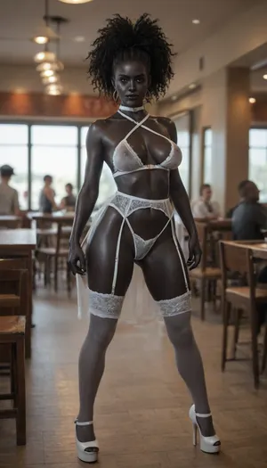 slender body in a stance, legs spread, ((in a restaurant:1.4)), waist, white loose lace sheer nightgown, horny, pussy visible, navel visible, oiled skin, sexy BDSM costume, Cross choker, white leather harness, ((black haircut:1.2)), ((big perky tits:1.4)), (black skin:1.6), nipples visible, niple piercing, full body, big ass, half bent, poking boobs, dubbed string high thong panties, white Latex long up to tights leggings stiletto high heels fetish platform boots, shiny white double band stockings, wearing full lace white garter belt, garter belt straps, garter belt garter straps, wearing garter belt straps, large garter straps, wide garter straps, looking at me, seducing me, smiling