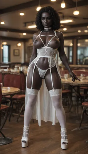 slender body in a stance, legs spread, ((in a restaurant:1.4)), waist, white loose lace sheer nightgown, horny, pussy visible, navel visible, oiled skin, sexy BDSM costume, Cross choker, white leather harness, ((black haircut:1.2)), ((big perky tits:1.4)), (black skin:1.6), nipples visible, niple piercing, full body, big ass, half bent, poking boobs, dubbed string high thong panties, white Latex long up to tights leggings stiletto high heels fetish platform boots, shiny white double band stockings, wearing full lace white garter belt, garter belt straps, garter belt garter straps, wearing garter belt straps, large garter straps, wide garter straps, looking at me, seducing me, smiling