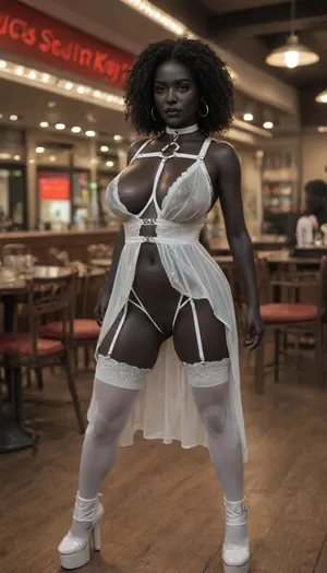 slender body in a stance, legs spread, ((in a restaurant:1.4)), waist, white loose lace sheer nightgown, horny, pussy visible, navel visible, oiled skin, sexy BDSM costume, Cross choker, white leather harness, ((black haircut:1.2)), ((big perky tits:1.4)), (black skin:1.6), nipples visible, niple piercing, full body, big ass, half bent, poking boobs, dubbed string high thong panties, white Latex long up to tights leggings stiletto high heels fetish platform boots, shiny white double band stockings, wearing full lace white garter belt, garter belt straps, garter belt garter straps, wearing garter belt straps, large garter straps, wide garter straps, looking at me, seducing me, smiling