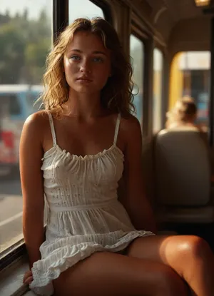 deeply tanned 18 year old girl sitting relaxed on a seat in a crowded bus wearing a thin tight extremely short white ruffle minidress looking lost in thoughts out of the window, handbag over her shoulder, braless, ((looking sideways out of the side window:1.5)), dressed people in background, visible pussy, exposed shaved pussy, ((legs close together:1.4)), sunny day, front view, perfectly round medium breasts, dark blonde wavy long hair, freckles, very deeply tanned glooming skin, (deeply seamless tanned:1.5), narrow waist, silently smiling, best quality, photorealism, masterpiece, blue eyes, full body, no_bra, covered_nipples, Wearing, clothes, that, make, sense, with, Braless>, <lora:bralessSDXL_v1_00022:1>, <lora:upskirt:.7>, <lora:Midjourney Image Enhancer XL v1:1>, <lora:add-detail-xl:1>, <lora:MJ52:1>