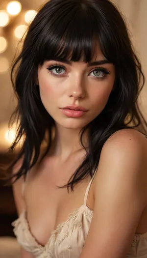 ziprealism, (intimate snapshot esthetic, French inspired, stunning French woman, cozy French bedroom), (adorable woman, soft smile, warm loving gaze, bashful pose:1.2), (f/2.8, shallow depth of field, creamy bokeh, warm romantic lighting, dynamic light, contrasting shadows, extreme closeup shot, tight headshot, intimate facial portrait, Dutch Angles, focus on eyes:1.6), (glossy ink black hair, long wispy bangs with defined fringe, thick voluminous hair, loose hair obscuring face:1.4), (catchlights, limbal rings, large expressive eyes, stunning eyes, perfect eyes, long delicate eyelashes), (classic French facial features, flawless porcelain skin, soft blush), igbaddie, <lora:igbaddie-XL:.8>, <lora:MJ52:.8>