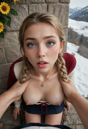 young Anna from Disney's Frozen, reddish hair, leaning on stone wall, Anna wears a long dark blue skirt with a floral pattern embroidered near the hem. She pairs it with a black bodice that has green and gold embroidery in a stylized floral motif, worn over a light blue long-sleeved blouse with a high collar. Around her waist is a dark pink waistband or sash that adds a pop of color. Over the outfit, she wears a dark pink cape with a scalloped edge and clasp at the neck, trimmed with a Nordic-style pattern. Her black boots are practical but elegant, and she wears her hair in two braids, with a small ribbon tied at the ends., ((Anna's hair is a strawberry blonde — a warm, reddish-blonde shade)), . She wears it in two braids, and she has a distinctive white streak in her hair caused by Elsa's magic, matching her barefoot innocence and adventurous personality, sexy face, sexy, cute face, lip bite, shy, submissive, scared, frightened, she is afraid, but she likes it, ((pleading eyes)), ((pleading face)), ((begging to get fucked)), she wants to get fucked, nose blush, large round firm boobs, chest up, breast grab, male viewer has one hand squeezing breast hard, tit squeeze, pov male viewer has one hand pulling girls top down, boob focus, pov, close up, breasts, cutout, clothing, nipples, eyeliner, thick, graphic, incase, style, anna, of, arendelle, bare, shoulder, black, bodice, green, skirt, necklace, updo, purple, cap, braids, winter, mountain, outfit, cream, jacket, pumps, white, dress, nightgown, boots, tunic, long, hair, cloak, long-sleeved, bag, blue, christmas, queen, tiara, shoes, sunflower, pattern, deepblue, legwear, vest, <lora:2BoutOvalSDXL2-000002:.7>, <lora:287175_training_data:.7>, <lora:hentai_anime_style_xl_v1:.7>, <lora:rknArouseXL:.7>, <lora:288671_training_data:1.5>