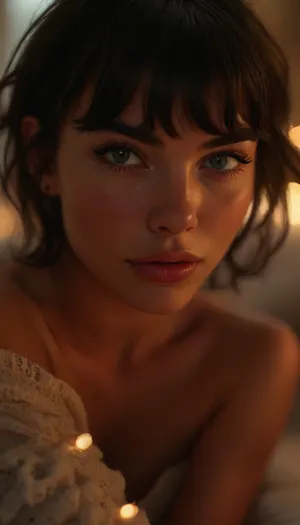 ziprealism, (score_9, score_8_up, score_7_up), (intimate snapshot esthetic, French inspired, stunning French woman, cozy French bedroom), (adorable woman, soft smile, warm loving gaze, bashful pose:1.2), (f/2.8, shallow depth of field, creamy bokeh, extreme closeup shot, tight headshot, intimate facial portrait, Dutch Angles, focus on eyes:1.6), (glossy ink black hair, wispy bangs hair, thick voluminous hair, inverted bob cut hair, chic short hair, loose hair framing face:1.4), (catchlights, limbal rings, large expressive eyes, stunning eyes, perfect eyes, long delicate eyelashes), (classic French facial features, flawless porcelain skin, soft blush), igbaddie, but, <lora:igbaddie-XL:.4>, <lora:MJ52:.8>, <lora:BUT_SDXL_SHS:.1>