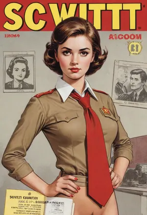 (single drawn girl:1.3), (illustration:1.3), (hand drawn:1.3), (drawn comics book cover:1.3), (TITLE text, "Soviet":1.3), (Soviet pioneer girl:1.2), Soviet pioneer girl 18yo, in a red scout tie on neck, hairy pussy, sexy random pose, sovietForm, sopi, erotic in the background, <lora:iltromba_artwork_style_smm_SDXL_LORA_v07:.5>, <lora:text:1.1>