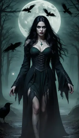 Dark, Fantasy, page, <lora:Dark Fantasy:.8>, The Morrigan, sorceress of Irish lore. Mythological witch. walking towards viewer. long black hair. Sclera all black. Expression of anger on her face. Pale white skin. Clothes torn. Aura of green an blue light. crows fly behind her. Midnight. Full Moon. Blood Moon.
