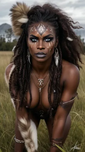 Tribal, female, savage. dark skin. brown skin. squats, ready to pounce. clenched jaw. showing teeth. wild hair. loin clothes. naked upper body. squats in tall grass. blind on 1 eye. sclera all white. war paint. painted face., warpaint, face, paint, <lora:WarPaint:.8>