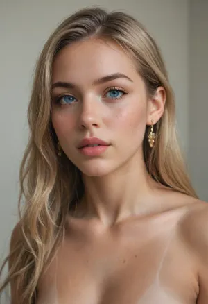 woman, 18 year old, Nude, blonde, sweet, tan lines, sunburnt, stunning blue eyes, always horny, athletic, big round ass, perfect face shape, beautiful lips, straight hair, body view, naturally beautiful, really athletic, earrings, huge boobs, super big boobs, long hair