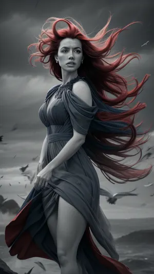 A woman stands on a cliff in a grayscale, very nice face, landscape, wearing a long, flowing royal blue dress. Surrounding her, hundreds of bright red birds swirl in flight — vibrant against the muted tones. The birds fill the air, some near her face, others trailing behind her, forming a spiral of motion. The wind catches her dress and hair as if nature responds to the storm of birds. Emotional, cinematic, dramatic — a poetic scene of contrast, color, and intensity.