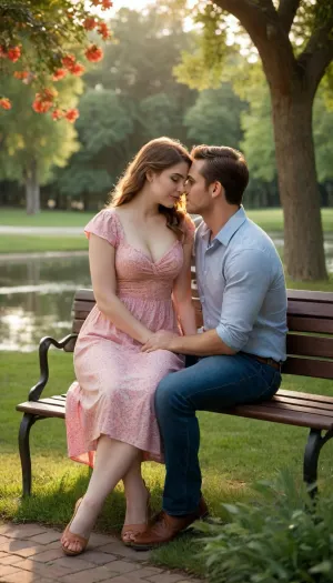 A romantic scene unfolding on a warm summer evening in a tranquil park. A young couple is seated on a wooden bench, surrounded by lush greenery and the soft glow of twilight. The slim woman, with large breasts, is dressed in a midi floral sundress that accentuates her curves. She leans into her partner, a man in a casual button-down shirt and jeans, who wraps a protective arm around her. Their expressions are filled with adoration as they gaze into each other's eyes, seemingly lost in their own private world. The bench they share is slightly worn, hinting at the countless moments of affection that have been shared by others before them. The atmosphere is serene, with a gentle breeze rustling the leaves of the nearby trees and casting dappled shadows across the well-maintained lawn. In the background, a picturesque pond reflects the vibrant oranges and pinks of the setting sun, creating a mirror of their love. The scene is framed by a canopy of intertwined branches that arch over the bench, providing a natural, intimate space. The light from a vintage streetlamp nearby casts a warm, amber hue, highlighting the tender embrace and the passionate kiss they share. The image captures the essence of unabashed romance and the undeniable connection that exists between the couple, leaving viewers with a feeling of nostalgia and a reminder of the beauty of love in its purest form. Detailed photorealistic. Detailed faces, uhd