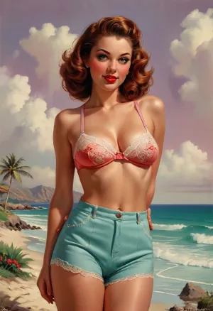 A pin-up illustration depicting a young woman in a retro style from the mid-20th century. She is depicted in full height. She has large, expressive eyes, fair skin, soft, wavy hair in a 1950s hairstyle, and a cheerful or playful expression on her face. She is wearing only classic lace pantaloons, topless. She has a medium build, with natural curves and realistic proportions. She adopts dynamic or charming poses that reflect the mid-century pin-up style. Soft lighting in a vintage style, a clean background, or a stylized setting that matches the theme, (such as a post-apocalyptic beach), . The illustration is made in the traditional pin-up style, (like by Gil Elvgren), with warm tones and gentle shading, lace, sagging, style, of, Art, Frame, <lora:sagging-000015:2>, <lora:tbh210-sdxl:1.5>