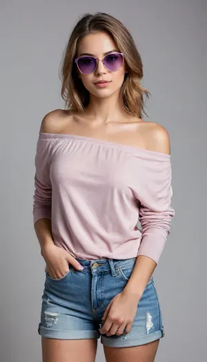 Young woman, light brown hair, light skin tone, 20-30 years old, standing confidently against a plain white background. She is dressed in a light gray, off-the-shoulder, long-sleeved top. Denim shorts, rolled-up at the bottom, complement the outfit. She wears light beige/gold embellished sandals. A pair of pinkish-purple sunglasses rest on top of her head. Arms are crossed over her chest, with a neutral, calm facial expression. Her posture is straight, exuding confidence and serenity. Full body shot, full-length, frontal view. The lighting is even and bright, creating sharp, clear details without harsh shadows. Colors are soft, complementary, and pastel-toned. The image conveys a relaxed, casual vibe, and a subtly fashionable mood. Composition is simple, focused on the subject, with nothing distracting from the model. The style is modern, and trendy, likely evocative of contemporary fashion photography.