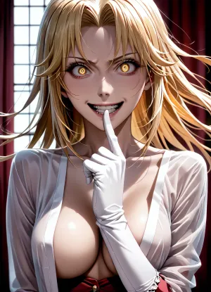score_9_up, score_8_up, score_7_up, 1girl blonde_hair breasts cleavage elbow_gloves finger_to_mouth gloves hair_between_eyes large_breasts long_hair looking_at_viewer, (nude, naked), (one_eye_closed), parted_lips, (shushing), solo sparkling_eyes upper_body white_gloves yellow_eyes, (toaru_kagaku_no_mental_out toaru_kagaku_no_railgun toaru_majutsu_no_index, (((shokuhou_misaki)))), (((crazy))), psycho smile, lineart, yamer, style, (<lora:xl_yamer_style-3.0:1.4>)
