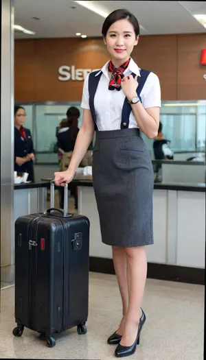 (in flight:1.4), (1girl, asian face, chinese, east asian stewardess), (slender long legs, 175 cm:1.2), (white short sleeve shirt:1.3), (red plaid vest, skirt:1.2), (stewardess black shoes:1.2), (white sexy bra:1.3), (standing dragging a black suitcase:1.2), (Chinese stewardess short hair style:1.1), (without makeup:1.2), black hair, stewardess scarf, show, podium, walks, posing, kongjie, alitalia_woman_wrist watch, alitalia_woman_red_skirt, alitalia_red_silk_scarf, alitalia_blue_silk_scarf, alitalia_woman_suitcase, flight, attendant, stewardess, steward, liushishi, woman, japantraininterior, train, interior, multiple, girls, boys, crowded, <lora:MaybeBetterFaceInFullBodyLora_XL_rev3:1.5>, <lora:alitfina100Ep:.5>, <lora:liushishi_noej_JuggXL_2-000015:.5>, <lora:Japanese_Train_Interior:.5>
