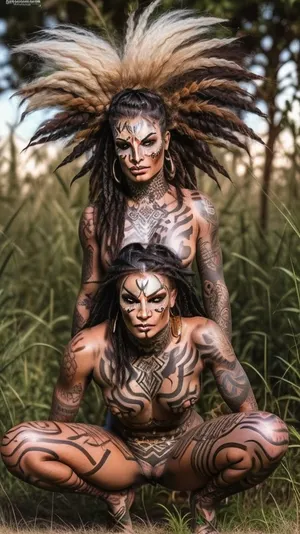 Tribal, female, savage. dark skin. brown skin. squats, ready to pounce. clenched jaw. showing teeth. wild hair. loin clothes. naked upper body. squats in tall grass. blind on 1 eye. sclera all white. war paint. painted face., warpaint, face, paint, <lora:WarPaint:.8>, fullbodytat, <lora:fullbodytattoo-v1.1:.8>
