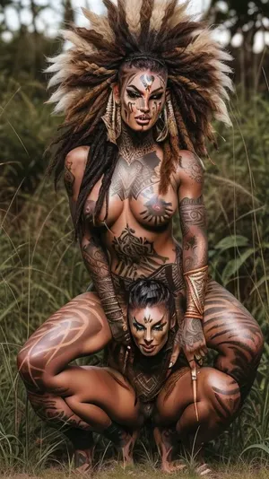 Tribal, female, savage. dark skin. brown skin. squats, ready to pounce. clenched jaw. showing teeth. wild hair. loin clothes. naked upper body. squats in tall grass. blind on 1 eye. sclera all white. war paint. painted face., warpaint, face, paint, <lora:WarPaint:.8>, fullbodytat, <lora:fullbodytattoo-v1.1:.8>