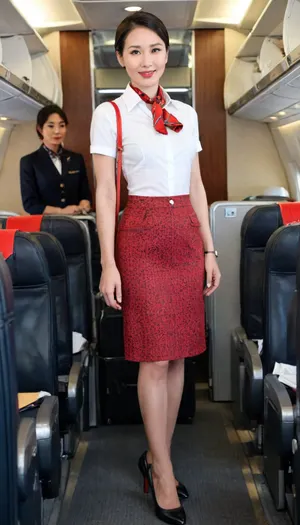 (in flight:1.4), (1girl, asian face, chinese, east asian stewardess), (slender long legs, 175 cm:1.2), (white short sleeve shirt open revealing white bra:1.3), (red patterned skirt, stewardess black shoes:1.2), (white sexy bra:1.3), (standing dragging a black suitcase:1.2), (Chinese stewardess short hair style:1.1), (without makeup:1.2), black hair, stewardess scarf, show, podium, walks, posing, kongjie, alitalia_woman_wrist watch, alitalia_woman_red_skirt, alitalia_red_silk_scarf, alitalia_blue_silk_scarf, alitalia_woman_suitcase, flight, attendant, stewardess, steward, liushishi, woman, japantraininterior, train, interior, multiple, girls, boys, crowded, <lora:MaybeBetterFaceInFullBodyLora_XL_rev3:1.5>, <lora:alitfina100Ep:.5>, <lora:liushishi_noej_JuggXL_2-000015:.5>, <lora:Japanese_Train_Interior:.5>