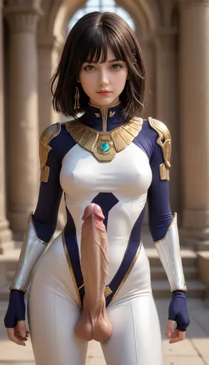 beautiful slender girl, big green eyes, snake pupils, modest smile, dark purple shadows and lipstick, tight-fitting battle suit in the style of Egypt+iron man+sci fi, athletic build, large bust, wide hips, warrior, new technology, fighting stance, high detail, high quality, Realism, futanari, mastrubation, erect penis, hard penis, sagging testicles, veiny cock, leaking precum, throbbing cock
