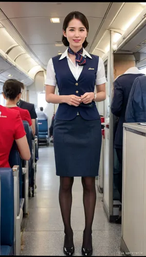 (in flight:1.4), (1girl, asian face, chinese, east asian stewardess), (shirt lifting), (white bras:1.4), (slender long legs, 175 cm:1.2), (white short sleeve shirt:1.3), (stewardess blue waistcoat:1.3), (blue patterned pencil skirt:1.2), (stewardess black shoes:1.2), (black stocking:1.3), (serving drinks to passengers:1.2), (Chinese stewardess short hair style:1.1), (without makeup:1.2), black hair, stewardess scarf, show, podium, walks, posing, kongjie, alitalia_woman_wrist watch, alitalia_woman_red_skirt, alitalia_red_silk_scarf, alitalia_blue_silk_scarf, alitalia_woman_suitcase, flight, attendant, stewardess, steward, liushishi, woman, crowded, legwear, standing, thighhighs, underwear, pantyhose, skirtlift, <lora:MaybeBetterFaceInFullBodyLora_XL_rev3:1.5>, <lora:alitfina100Ep:.5>, <lora:liushishi_noej_JuggXL_2-000015:.5>, <lora:Japanese_Train_Interior:.5>, <lora:skirtlift_xl:.5>