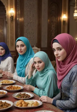 blowjob in front of Ramadan table, hijab girls sitting, pale skin, <lora:detailed_notrigger:.7>, <lora:ahxl_v1:1.4>