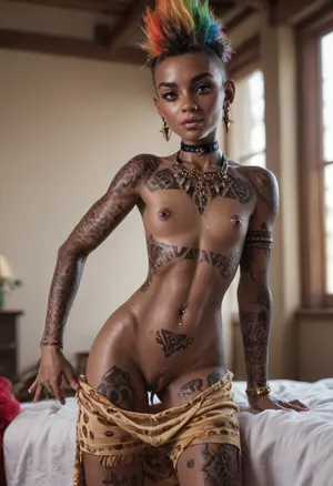 ((1girl:2)), (extremely young african 4ng3l:2.5), (perfect gorgeous girly feminine beauty desperately needing a good fuck:2), (african:1.2), (looking at viewer like she wants him:2), (incredibly sexy and lustful:1.5), (most beautiful sexy round face:1.2), (sexy eyes:1.4), long eyelashes, (cute and shy:1.2), (perky smile:1.2), (perfect lustful lips:1.1), (makeup:1), (rainbow color mohawk haircut:1.2), (perfect body proportions:1.4), athletic, tight body, abs, slim neck, narrow chest and shoulders, flat chest, (tiny erect nipples:1.4), (pierced nipples:1.6), narrow waist, (small hips:1.1), skinny thighs, small tight ass, (flat chests:1.4), thigh gap, (most beautiful godpussy:1.2), (pussypiercing:1.6), (black skin:1.4), (sweaty:1.2), (tribal tattoos all over her body:1.4), black choker, (pajamas:1.4), hot summer day, (bedroom rave:1.2), ((Doggyposition)), ((doggy-style:1.6)), ((view from behind:1.6)), ((low side view from pussy:1.8)), ((show ass:1.6)), ((view from behind to the side looking back at Camera))