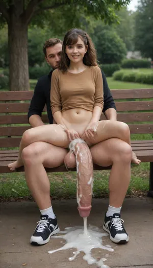 Cute brunette with bangs and ponytail in reddish brown knit sweater, brunette petite sitting on his lap on top of his flaccid dick on a bench in a park, full body view, petite woman, small tits, slight smile, a man has his pants pulled down a bit, flaccid dick hanging down, he is clothed with dick out, (sitting on lap), sitting on bench, huge balls, (massive dick:1.3), extreme cum play, cum on face, cum dump, (excessive cum:1.4), huge creampie, (cum covered), woman, realistic proportions, perfect face, tight body, perfect hazel eyes