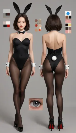 (reference sheet, design sheet, multiple angles:1.2), front view, back view, photo-realistic, hyper-realism, masterpiece, best quality, Ultra-detailed, hyper-realistic, sharp edges, clear focus, full body portrait, perfect anatomy, perfect eyes, beautiful cute face, solo, Japanese girl, A glamorous bunny girl standing, wide stance, black bunnysuit, pantyhose, fake_rabbit ears, rabbit tail, wrist cuffs, navel, platform_high_heels, wide thick body, long_torso, short_legs, medium_breasts, flashy makeup, black eyes, blue_hair, separate medium_hair, forehead, dark_skin, smile, NSFW, navel_piercing with dangle_Jewelry, (simple_white_background:1.2), Blueprint, Blue, print, Schematic, Drawing, technical, drawing, schematic, assembly, Disassembly, diagram, <lora:Technical Blueprint - XL SDXL V2.0:.8>, womb cross-secsion view