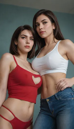 2 girls, Commander Shepard, Tifa Lock Hart, wearing red high round neck top with a large heart-shaped cutout design revealing cleavage, printed letters on the wall, low waist jeans, Thick physique, thick arms, huge natural breasts, A confident and alluring expression, hands gently touching the hair, close-up, from a slightly low-angle perspective, The background is a simple, muted teal/blue wall, Soft, diffused light from above creates no harsh shadows, highlighting the subject's form and features, The composition focuses on the model, emphasizing her physique and the distinctive style of the top, Photographic style is focused on showcasing beauty and form. High-definition image, detailed texture on the clothing and skin. Studio shot, indoor, natural daylight.
