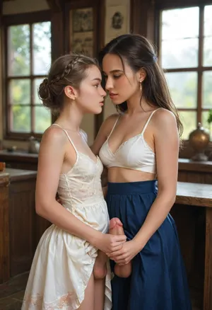(score_9, score_8_up, sharp focus, masterpiece, perfect eyes), two transgender females only, 20 year old, young face, perfect lighting, (picture taken during a party in a cottage kitchen about to kiss:1.2), shemales, futanari, (traditional German dresses), (two ravishing 20 year old german transgender women lifting their skirts to show their erect penises:1.8), blonde braided hair, tanned skin, (hands on each others cocks:1.9), (nursing handjob:1.6), 4ng3l, (visible penis under neither their skirts:1.9), skinny, topless, (wearing school blouse and pleated miniskirt:1.5), (cleavage), (looking extremely happy:1.5), (view from the side:1.9), skirt, lift, <lora:skirtLift:.5>, <lora:MJ52:.8>, erect-futa, erect-penis, woman, testicles, erection, <lora:SDXLlora13ErFut:.8>, <lora:255700_training_data:.8>