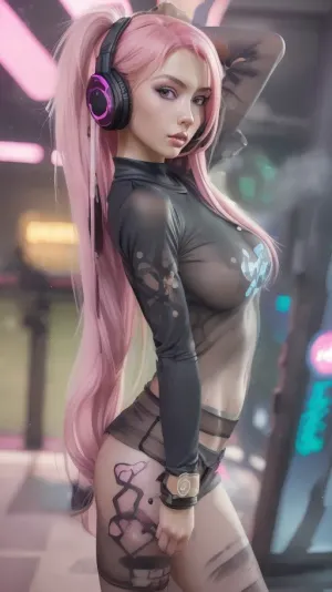 (1girl 20 yo with pink long hair in a sexy outfit with headphones), m4 sopmod ii girls frontline, oppai cyberpunk, seductive anime girl, perfect android girl, cyberpunk anime girl, artwork in the style of guweiz, female cyberpunk anime girl, trending at cgstation, trending on cgstation, fine details. girls frontline, from girls frontline, girls frontline universe, guweiz, cyberpunk femme fatale, nude, with pokies, (slim girl), (small breasts), (small butt), lingerie, cat pose, candy room, amplifier, (she wears studded bracelets), (((she wears a KITTY Shirt))), small eyebrowns, black eyeliner, ((bodypainting)), (freundliches lächeln), ((smoke)), transparent, clothes, <lora:pokies_9:.5>, <lora:Transparent_Clothes_V2:.5>